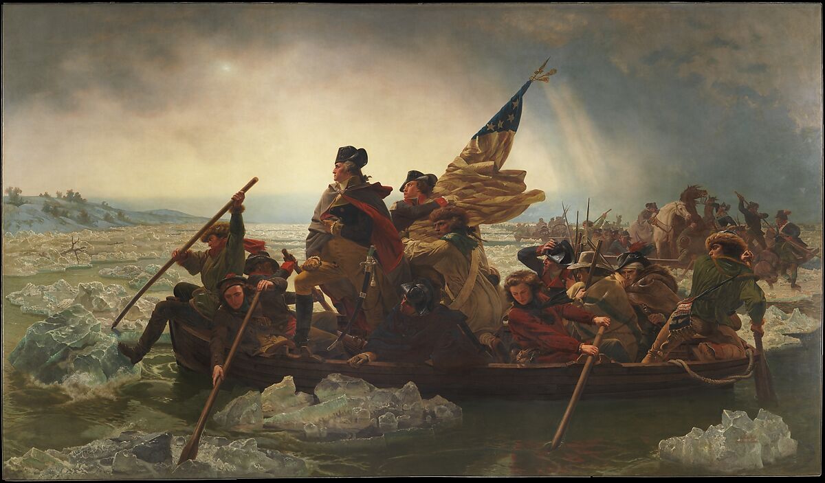 Painting of Washington standing in a boat among people crossing an icy river.